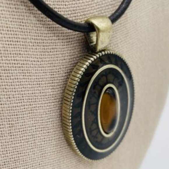 Lia Sophia Burnished Gold & Amber Pendant Necklace on Black Cord - Picture 2 of 3